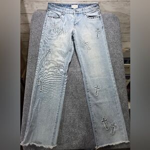 Austin Landing Cross Patch Jeans Size 5 Studded Y2K Light Wash Raw‎ Hem